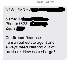 Real junk removal lead asking about furniture cleanout pricing