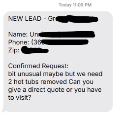 Real junk removal lead requesting hot tub removal with direct quote