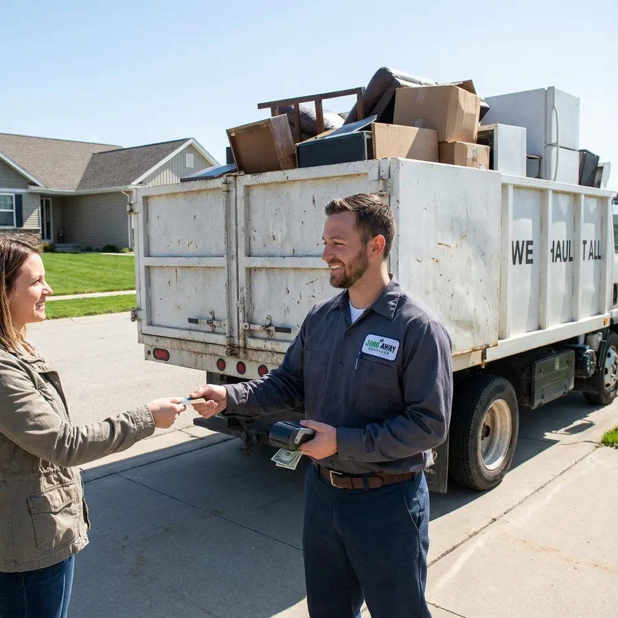 Junk removal crew accepting payment after a completed pickup